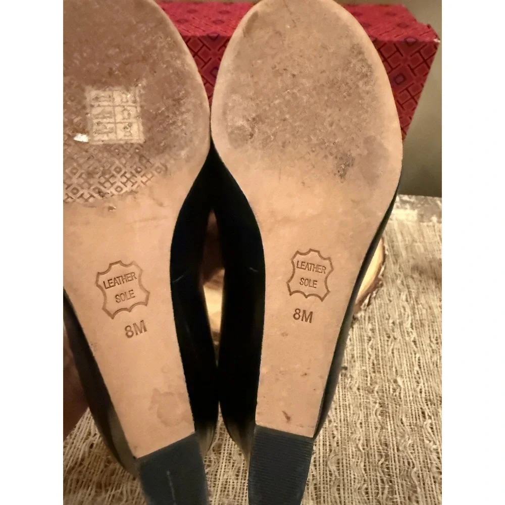 Tory Burch Jolie Peep Toe Wedge Pump Navy Blue Nappa Leather MRSP Sz-8 $290